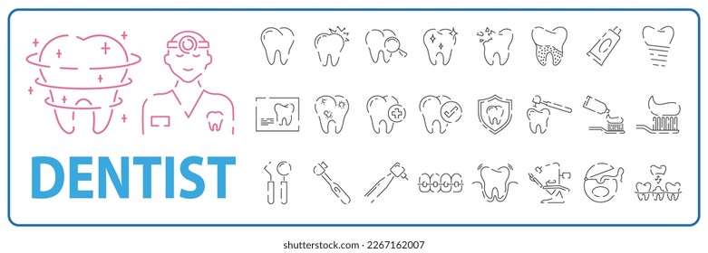 Dental tooth icons set, such as dentist, clean, protect treat, oral. Health, medicine, medical or hospital vector 