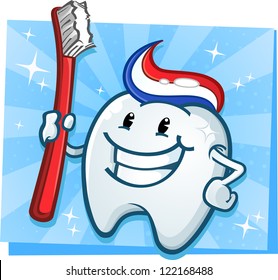 Dental Tooth Mascot Cartoon Character with Toothbrush