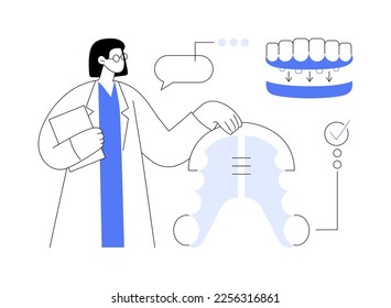 Ilustración vectorial del concepto abstracto de placa dental dental. Placa dental única, atención de salud dental, dentadura completa y parcial, reemplazo de dientes faltante, metáfora abstracta de electrodomésticos ortodoncicos.