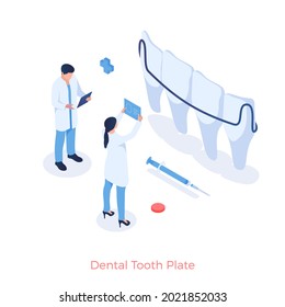 Dental tooth plate in dentistry. Dentists look at xrays of mouth to place jaw braces. Implantation and dental care with modern orthodontic technologies. Vector isometric illustration