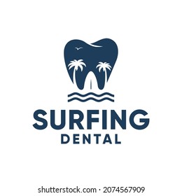 Dental tooth with surfing board, palm tree, beach logo inspiration
