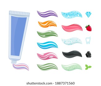 Dental Toothpaste Tubes Of Different Color And Taste Set. Whitening Fruit Tooth Paste With Diamond Piece, Strawberry, Coal, Mint Flavor For Teeth Cleaning Vector Illustration Isolated On White Background