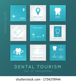 Dental Tourism set of  vector concepts. Flat design modern template. Medicine service abroad background overlay.Dentist 
and Travel symbol icons.Clinic Logotype.

