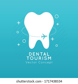 Dental Tourism vector concept. Flat design modern template. Medicine service abroad background overlay.Dentist and Travel symbol icons.Clinic Logotype.