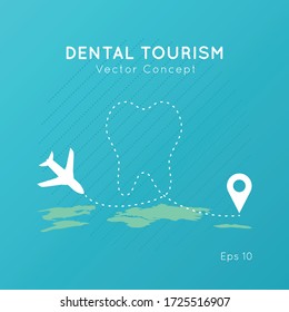 Dental Tourism vector concept. Flat design modern template. Medicine service abroad background overlay.Dentist and Travel symbol icons.Clinic Logotype.