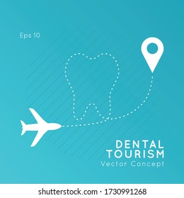 Dental Tourism vector concept. Flat design modern template. Medicine service abroad background overlay.Dentist and Travel symbol icons.Clinic Logotype.