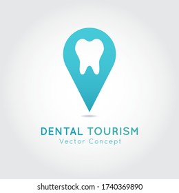 Dental Tourism vector concept. Flat design modern template. Medicine service abroad background overlay.Dentist Symbol Pin.Clinic Logotype.