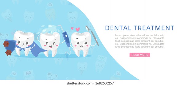 Dental tratment cute healthy white teeth with dental health care tools against microbes cartoon vector illustration for children dentist cabinet. Dental care banner for kids, funny dentistry.