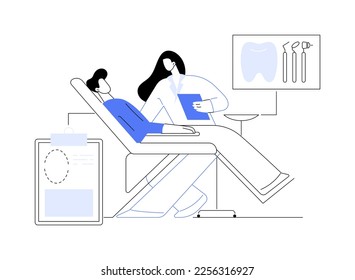 Dental treatment abstract concept vector illustration. Dental clinic, teeth care service, caries treatment tool, dentist chair, toothache emergency help, orthodontic procedure abstract metaphor.