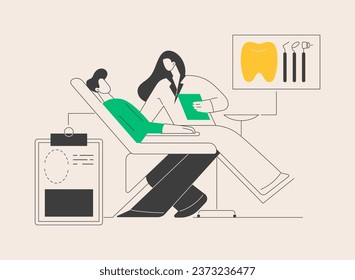 Dental treatment abstract concept vector illustration. Dental clinic, teeth care service, caries treatment tool, dentist chair, toothache emergency help, orthodontic procedure abstract metaphor.