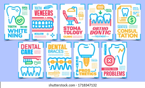 Dental Treatment Advertising Posters Set Vector. Collection Of Different Banners With Dental Braces And Prosthetics, Stomatology Chair And Teeth Veneers Concept Template Stylish Colorful Illustrations