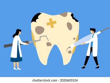 Dental treatment by dentist concept vector illustration. Tooth cavity. Teeth decay.