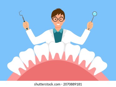 Dental treatment by dentist concept vector illustration. Dental illness. Tooth decay.