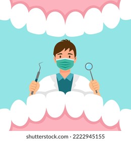 Dental treatment by dentist concept vector illustration. Dental illness. Tooth decay.