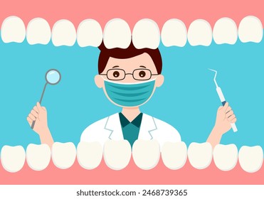 Dental treatment by dentist concept vector illustration. Dental illness. Tooth decay.