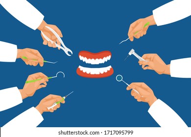 Dental treatment with devices, vector illustration. Hands professional dentists reach for jaw with teeth. Cartoon syringe, probe, tweezers and pocket mirror with convenient handle.