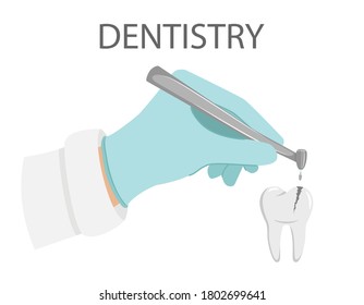 Dental treatment. A gloved hand holds a dental drill.Treatment of caries, drilling tooth. Professional appointment with the dentist.Tooth with a carious cavity. Oral hygiene. flat vector illustration