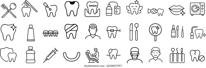 Dental Treatment Icon Collection. Featuring Braces, Fillings, Extractions, and More. Editable Stroke Outline Icons.