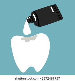 Dental treatment. Installation of the seal. Tooth cartoon vector flat style for the design of dental amalgam filling with dental instruments. Liquid seal from black tube isolated illustration. Sealing