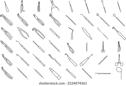 Instrumento de tratamento dentário Peças ícone conjunto para logotipo e camiseta. Traçado editável de arte de linha fina.