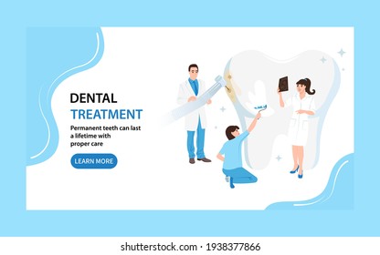 Dental treatment landing page. Web banner dentists take care of the tooth. Flat vector illustration