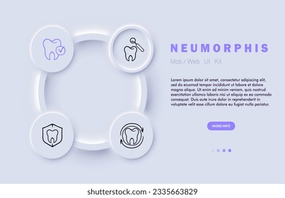 Dental treatment line icon. Caries, enamel, dentist, veneers, bleaching, inflamed roots. Neomorphism steyle. Vector line icon