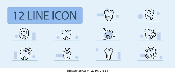 Dental treatment line icon. Caries, enamel, dentist, veneers, bleaching, inflamed roots. Pastel color background. Vector line icon