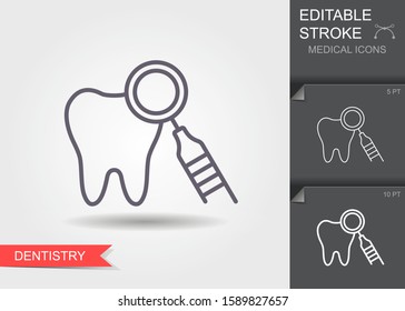 Dental treatment. Linear medical symbols with editable stroke with shadow