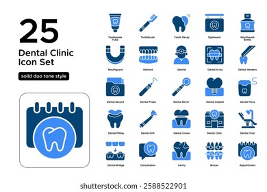 Dental Treatment and Oral Health. Smile Care, Cavities Prevention, and Checkups. Vector Illustration. Solid duo tone icon set