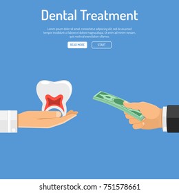 Dental treatment and payment for dental services concept. Doctor hand holds healthy tooth, and patient hand holds bundle money. Isolated vector illustration