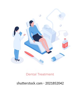 Dental treatment and prophylaxis. Dentist examines patients mouth. Stomatology and therapy of teeth and gums. Procedure for healthcare caries and periodontal disease. Vector isometric illustration