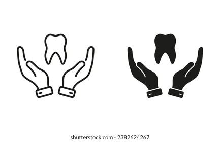 Conjunto de Silhouette y Iconos de Línea de Tratamiento Dental. Colección de símbolos negros de odontología. Atención dental, Signo de protección estomatológica. Pictograma de mano dentaria y humana. Ilustración de vectores aislados.