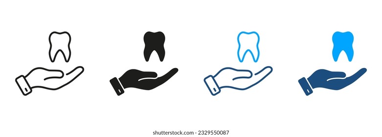 Dental Treatment, Stomatology Protection Pictogram. Tooth and Human Hand. Dental Care Silhouette and Line Icons Set. Dentistry, Dentist Support Symbol Collection. Isolated Vector Illustration.