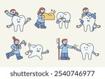 Dental treatment and teeth care. Cute dentist and teeth characters. 
 Cuttiny outline character illustration.