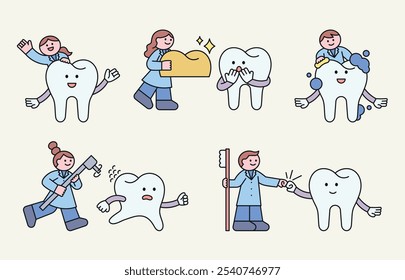 Tratamento dentário e cuidados dentários. Personagens de dentista e dentes bonitos. 
 Ilustração de personagem de contorno de Cutlittle.