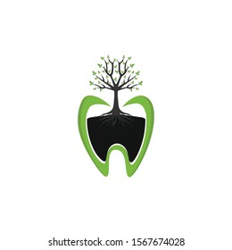 Dental tree with root and leaf nature logo vector. stand out and Memorable tooth or teeth silhouette icon. vintage modern look. healthy care family, parents, kid, young, mature. web, apps mobile phone