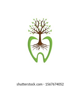 Dental tree with root and leaf nature logo vector. stand out and Memorable tooth or teeth silhouette icon. vintage modern look. healthy care family, parents, kid, young, mature. web, apps mobile phone