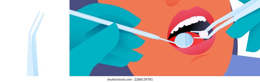 Dental Tweezers Oral Tool Close Up. Cropped Female Face with Beautiful White Teeth Mouth Open. Cropped Hand Gloves Holding Mouth Mirror,  Dental Tweezers with Cotton. Modern Flat Vector Illustration.