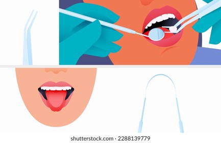 Dental Tweezers, Tongue Scraper Oral Tool. Cropped Female Face White Teeth Mouth Open. Cropped Hand Gloves Holding Mouth Mirror, Tweezers with Cotton; Showing Tongue. Modern Flat Vector Illustration.