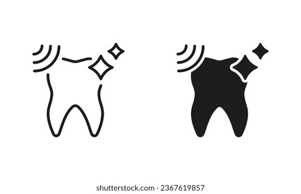Dental Ultrasonic Cleaning Silhouette and Line Icons Set. Shining Tooth, Periodontal Whitening. Oral Care, Hygiene, Dental Treatment. Dentistry Black Symbol Collection. Isolated Vector Illustration.