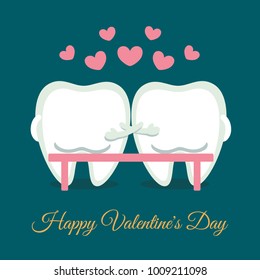 Dental valentine card. Cartoon teeth sitting on the bench. Love, romantic and a lot of hearts. Happy Valentine's Day! Greeting from dentistry.