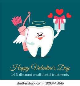 Dental valentine card. Cartoon tooth Cupid with bow, arrows and gift. Discount concept. Happy Valentine's Day! Greeting from dentistry.