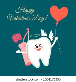 Dental valentine card. Cartoon tooth Cupid with bow, arrows and balloon heart. Happy Valentine's Day! Greeting from dentistry.