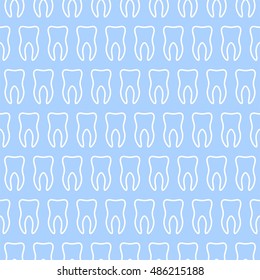 Dental vector background with blue teeth with white contour in a row side by side and alternately under each other on a blue background. Tooth backdrop