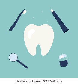 Dental vector illustration eps 10. Set in flat style, big tooth, dental mirror, toothbrush, toothpaste, dental floss.
Subject: dentistry, orthodontics, oral hygiene, dental care.