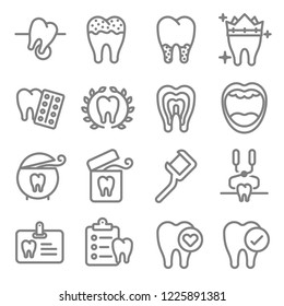 Conjunto de iconos de la línea del vector dental. Contiene iconos tales como Dientes, Limpios, Medicina, Pérdida, Informe, Cuello y más. Trazo expandido