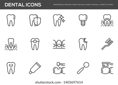 Dental vector line icons set. Oral medicine, caries, implant, veneer, bracket. Editable stroke. Perfect pixel icons, such can be scaled to 24, 48, 96 pixels.