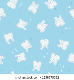 Dental vector seamless pattern. Cute soft blue background with white teeth on blue background.