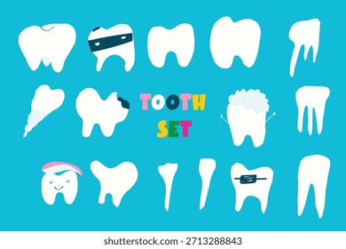 Conjunto de Vector dental con dientes dibujados a mano, cepillos de dientes, pasta de dientes, sonrisas, herramientas dentales, guantes, estrellas, gérmenes y Elementos de personajes lindos