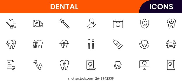 Dental vector web line icon collection, sleek illustrations of teeth, tools, and oral care for professional dental and health designs.
